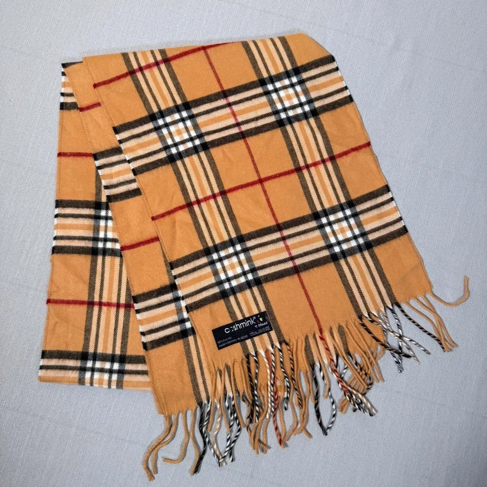 V. Fraas Cashmink Plaid Scarf Tan Camel Black Red Check Tassel Fringe Germany